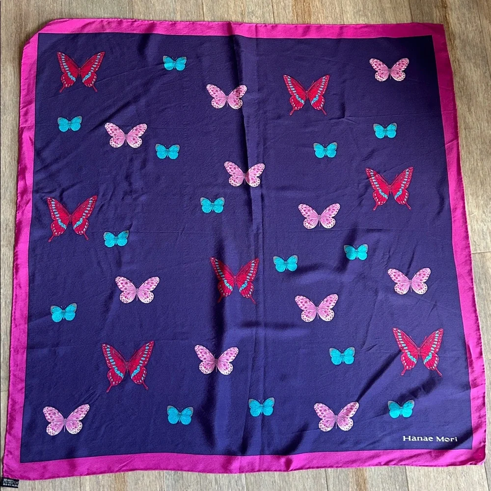 Vintage 90s Japanese Hanae Mori Butterfly Print Silk Scarf square